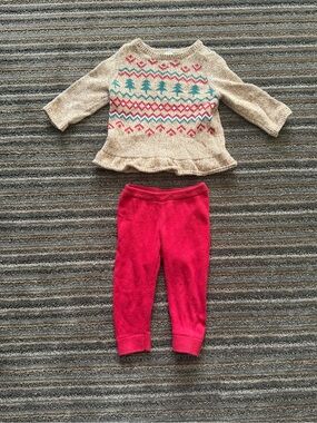Carter's Baby Girl Brown Knit Top with Red and Teal Fair Isle + Red Pants